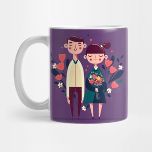 Illustration of confident couple standing with flowers on the blue background Mug